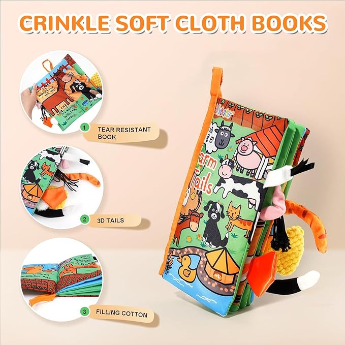 HECCEI Baby Cloth Books Soft Baby Book 0-6 Months Crinkle Books with Tail Touch and Feel Sensory Toys for Infant Tummy Time for 3 Months+, Farm Tails
