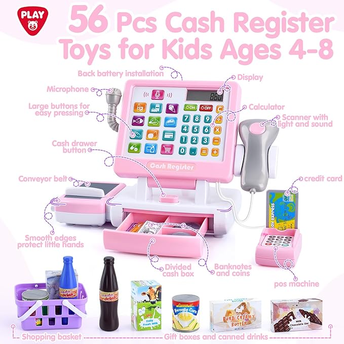 PLAY Kids Cash Register Toy - Pretend Play Calculator Register Toys with Microphone/Conveyors/Play Money/Scanner/Credit Card/Cans/Drink, 3+ Toddler Develops Early Math Skills Learning Toys