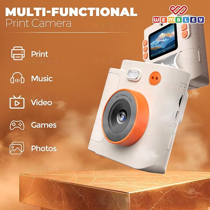 Wembley Kids Instant Print Camera with Dual Lens, 48MP, 1080P HD, 2.4" IPS Screen, 16X Zoom, 32GB SD Card, Thermal Printing, 6 Pens, 4 Rolls, USB Type-C, for Girls & Boys- Cream