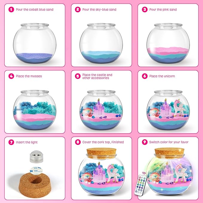 Unicorn Gifts for Girls - Light Up Terrarium Kit for Kids - DIY Unicorn Toys for Girls Age 4 5 6 7 8-12 Year Old, Arts and Crafts Kit for Kids, Halloween Birthday Christmas Gifts