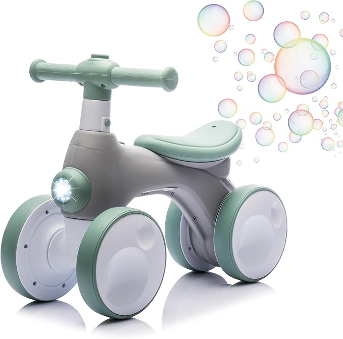 Baby Balance Bike 1 Year Old with Music, Lights, Bubble Machine, 4 Wheels Pedal-Less Toddler Ride on Toys for 12-36 Months Birthday Gift, Toddler boy Toys Ride on car (Green & Gray)