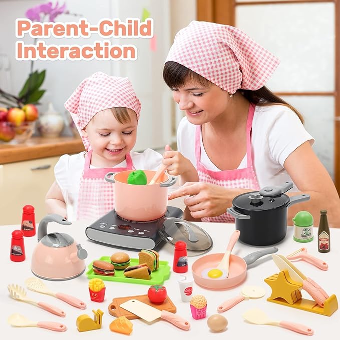 CUTE STONE Play Kitchen Accessories Set, Kids Cooking Toys Set with Play Pots and Pans, Electronic Induction Cooktop with Sound and Light, Cookware Utensils Kids Kitchen Set Kitchen Toys for Kids