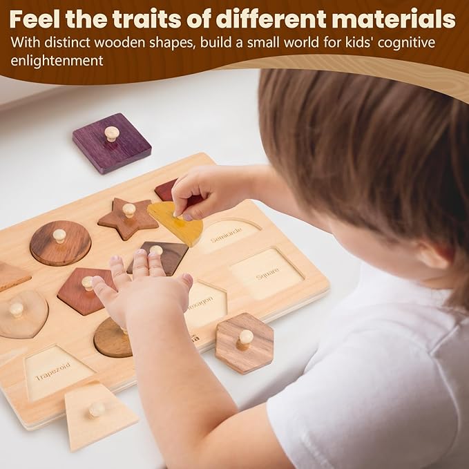 Adena Montessori Wooden Puzzles for Toddlers 1-2, 12 Piece Shape Peg Board with Knobs Educational Learning Toys for 1-2 Year Old Natural Wood Shape Sorter for Babies Durable Montessori Toys