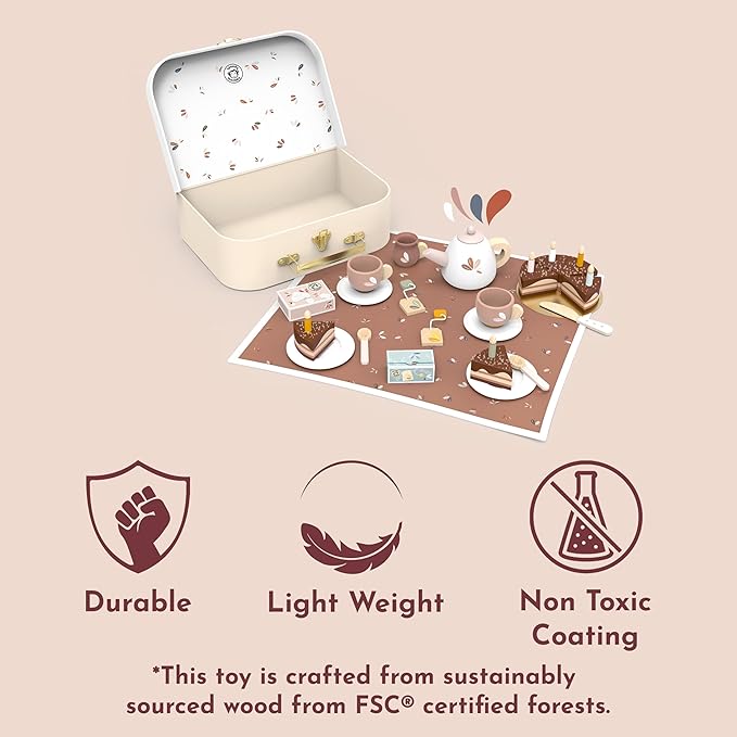 SPEEDY MONKEY Birthday Tea Set for Kids – FSC Wooden Pretend Play Tea Party & Food Set with Teapot, Cups, Cake & Tea Bag – Toddler Girls Imaginative Role Play Kitchen Toy – Colorful Gift for Dollhouse