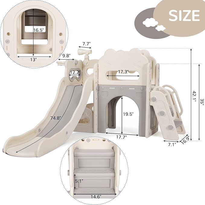 Arlopu 8 in 1 Toddler Slide Playset for Kids, Indoor Outdoor Baby Slide with Basketball Hoop, Telescope & Storage Space, Kids Playground Climber with Enclosed Steps (White Grey)