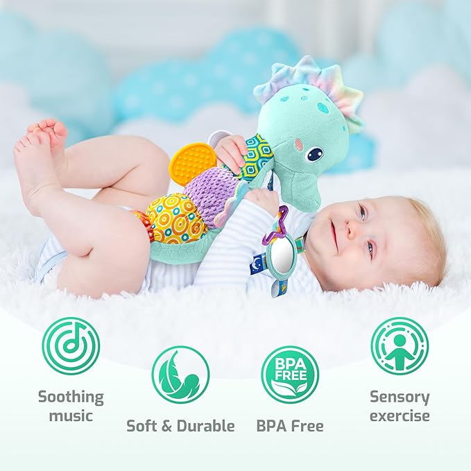 Sumobaby Infant Baby Musical Stuffed Animal Activity Soft Toys with Multi-Sensory Crinkle, Rattle and Textures, for Tummy Time Newborn 0-3-6-12 Months Girls,Seahorses - Blue with Baby Mirror