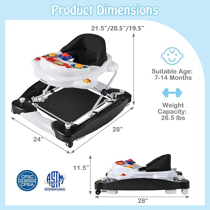 HONEY JOY Baby Walker, 6-in-1 Foldable Baby Walker and Bouncer Combo, Infant Activity Walker with Wheels, Adjustable Heights, Rocker, Music, Lights, Walker for Baby Boy Girl 7-14 Months (Black)