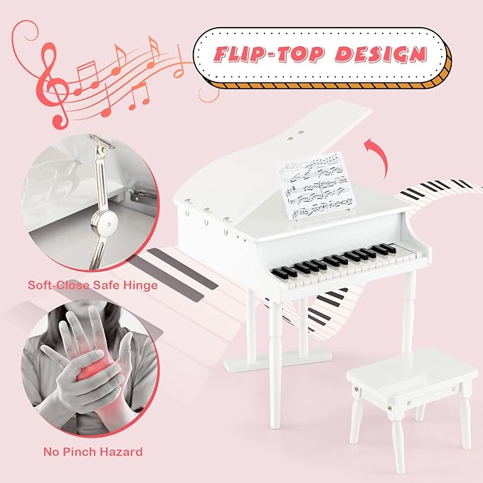 30-Key Kids Piano Keyboard, Mini Grand Piano for 3 Years+, Toddler Musical Instrument with Stool & Removable Music Stand, Wooden Baby Music Toys Gifts for Beginners, Girls & Boys
