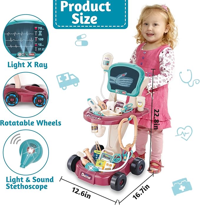 29 Pcs Doctor Kit for Toddlers 3-5 Pretend Play Toys Dentist Set Vet Medical Mobile Cart with Sound & Light Xray Stethoscope Toddler Doctor Play Set 3 4 5 Year Old Girls Gift Christmas