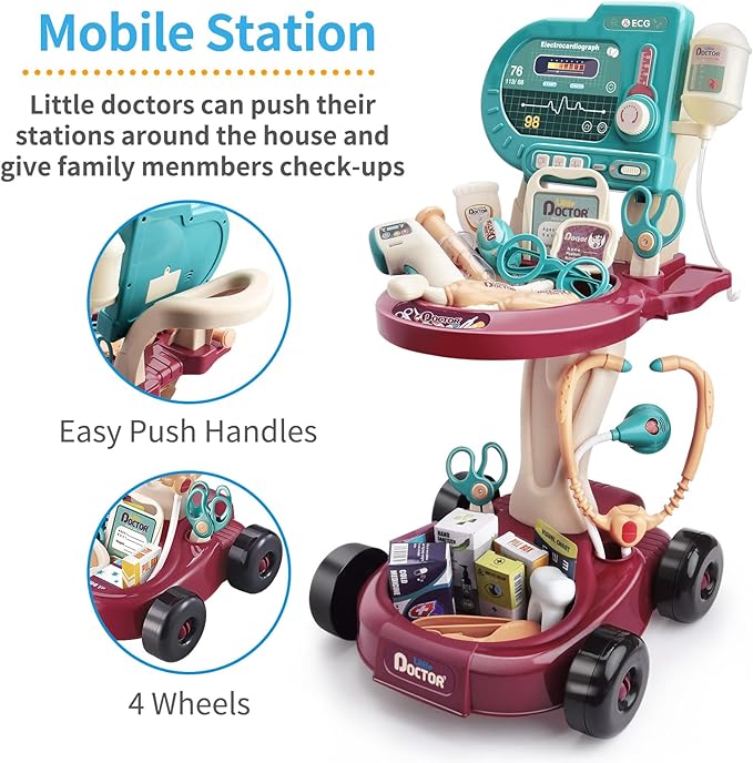 Deejoy Toy Doctor Kit for Kids，Doctor Role Play Costume，Medical Bag，Eye Chart，Thermometer，Stethoscope，Pulse Machine，24 Piece Pretend Medical Station Set for Boys & Girls ，Great Gift for Toddler