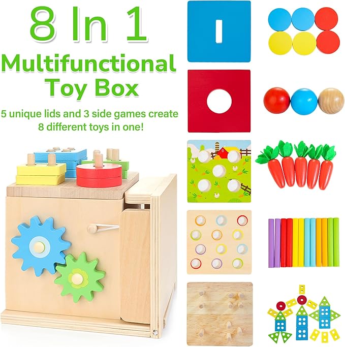 JUSTWOOD Montessori Toys for 1+ Year Old, 8-in-1 Wooden Play Kit Includes Object Permanent Box, Learning Activity Cube, Sorting & Stacking Toy, Carrot Harvest Game, Gift for Boys Girls Age 12+ Months