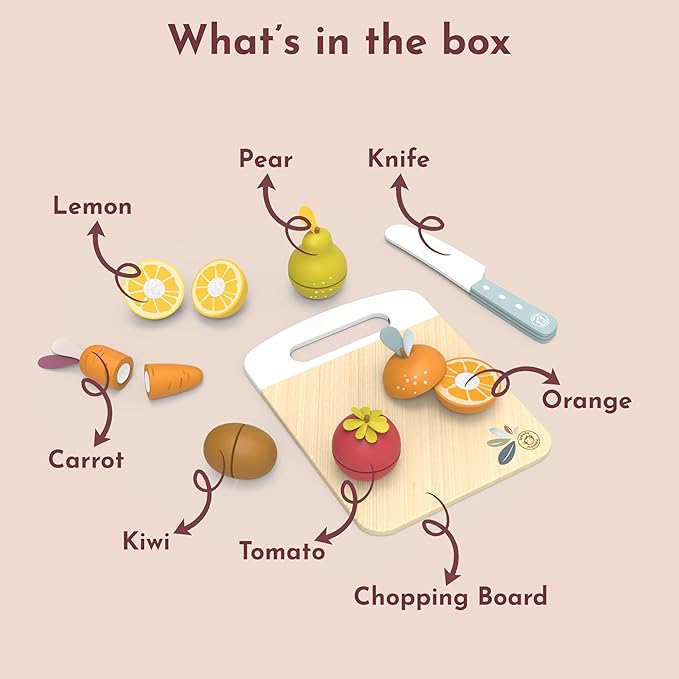 SPEEDY MONKEY Wooden Play Food Set for Toddler – Fruits & Vegetables Cutting Playset, FSC Certified Pretend Food Toy for Kids, Role Play Kitchen Set with Safe Cutting Board & Knife