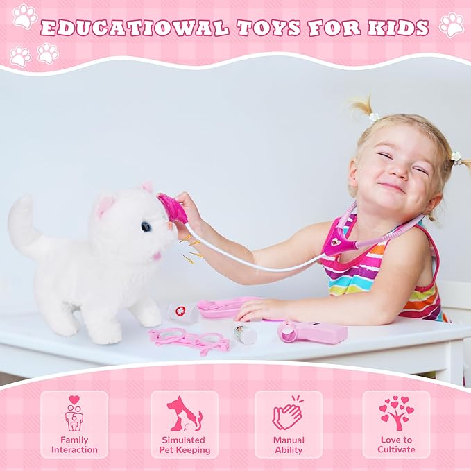Doctor Kit for Girls -Vet Play Sets for Kids, Pretend Play Doctor Set with Pet Cage and Kitten Toy, Doctor Play Gift for Kids Toddlers Ages 3 4 5 6 Year Old for Role Play (White Kitten)