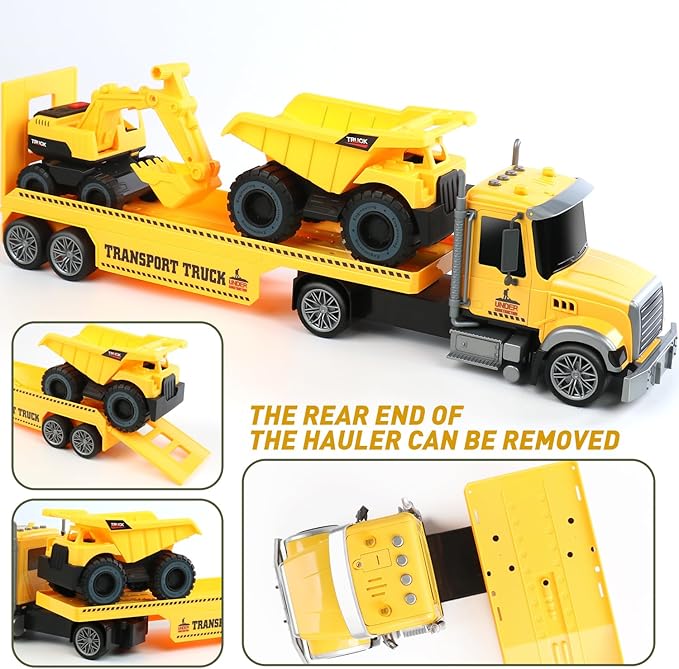 Dwi Dowellin 27" Large Friction Powered Construction Truck Car Toy with Excavator and Dump Truck, Semi-Trailer Toys for 3 4 5 Years Old Toddlers Kids Boys & Girls Gift