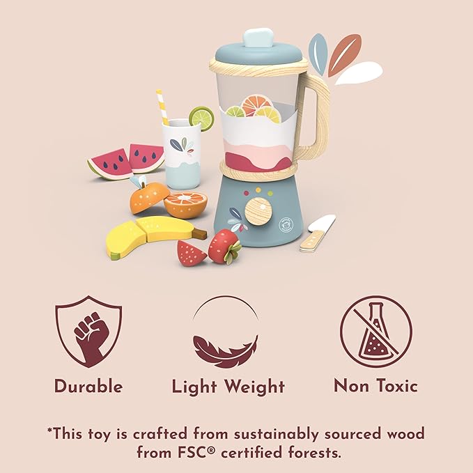 SPEEDY MONKEY Smoothie Maker Blender Set - FSC Wooden Food Blender Toy for Kids, Pretend Play Kitchen Appliance, Role Play Toy Mixer for Toddlers, Fun Fruity Smoothie Playset to Make a Healthy Shake