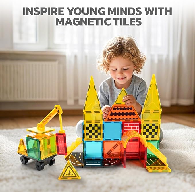Magnetic Tiles Builder Construction Set, Magnetic Tiles Road Cars Set STEM Toys for Ages 3-8, Montessori Sensory Educational Magnet Toys for 3+ Year Old Boys and Girls Gifts