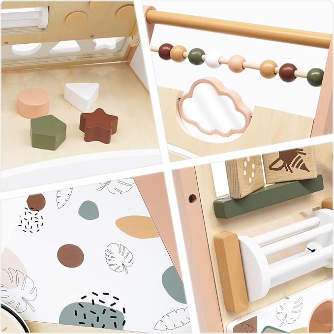 Joyreal Wooden Baby Walker Push Toys - Adjustable Speed Push Walker with Wheels and Learning Activity Center - Neutral Color Montessori Toys for Baby Boys and Girls Birthday Gifts