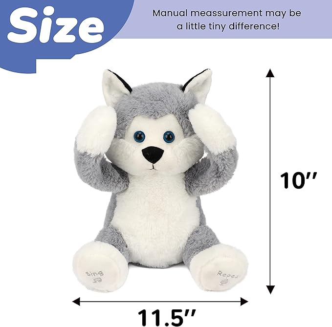 Hopearl Peek A Boo Husky Interactive Repeats What You Say Plush Dog Toy Musical Singing Talking Stuffed Animal Adorable Electric Animate Birthday Festival, Gray, 11.5''