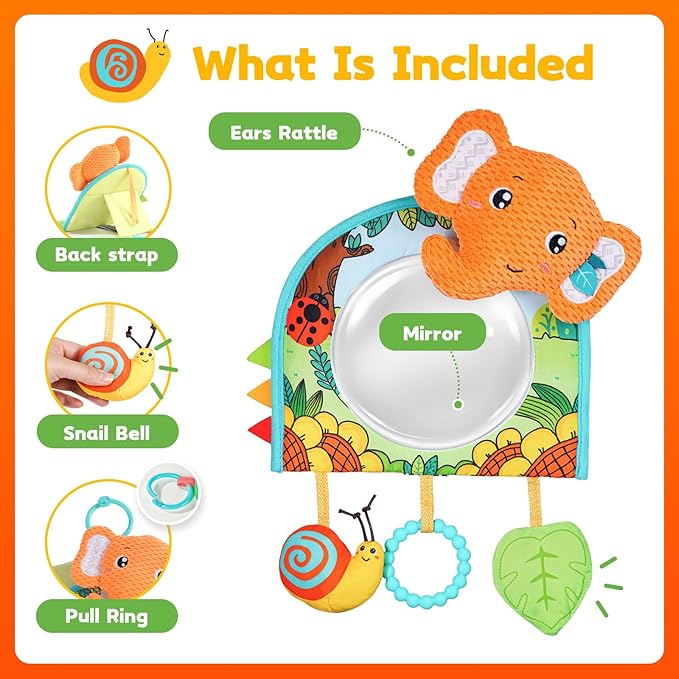 Koty Car Seat Toy - Kick and Play Activity Center with Mirror,Teether and Crinkle, Fun Travel Baby Toy for Rear Car Seat, Easier Drive with Newborns, Babies, Hanging Toys for Infants 0-6-12-18 Months