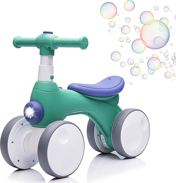 Baby Balance Bike 1 Year Old with Music, Lights, Bubble Machine, 4 Wheels Pedal-Less Toddler Ride on Toys for 12-36 Months Birthday Gift, Toddler boy Toys Ride on car （Green&Purple）