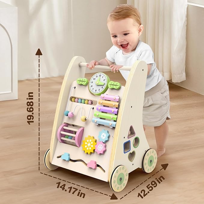 Wooden Baby Walker,Adjustable Speed Push Walker with Wheels and Learning Activity Center,Montessori Walker for Babies 12 Months,Baby Walker Push Toys for Baby Boys and Girls Gifts (Natural)