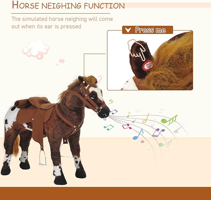 Qaba Sound-Making Ride On Horse for Toddlers 3-5, with Neighing and Galloping Sound, Stuffed Animal Horse Toy for Kids with Padding, Soft Feel, Brown