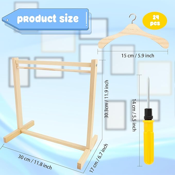 26 Pcs Wood Doll Garment Rack with Wooden Clothes Hanger Mini Wooden Girl Doll Clothes Hanger Organizer Storage Shelf for 18 Inch Girl Doll Clothes Baby Dollhouse (Color Set 1)