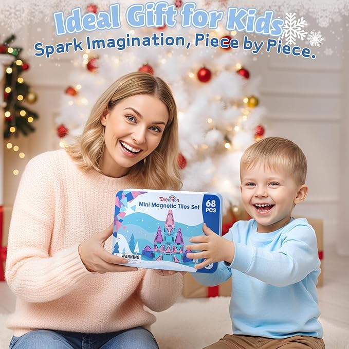 Dreamon Mini Magnetic Tiles, 68PCS Travel Set with Storage Case, Ice Castle Building Blocks STEM Toys for Toddlers Ages 3-5, Educational Games Sensory Exploration Toys for Boys and Girls