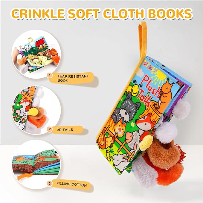 HECCEI Baby Cloth Books Soft Baby Book 0-6 Months Crinkle Books with Tail Touch and Feel Sensory Toys for Infant Tummy Time for 3 Months+, Plush Tails
