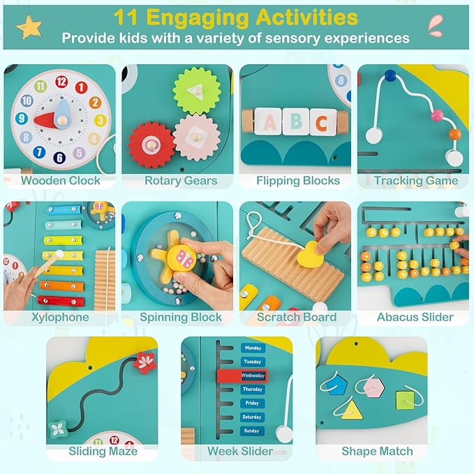 HONEY JOY Dinosaur Activity Wall Busy Board Panels, 11-in-1 Wooden Sensory Wall Panel for Kids, Toddler Learning Activity Center, Ideal for Playroom Daycare Nursery Classroom Dentist Office (Green)