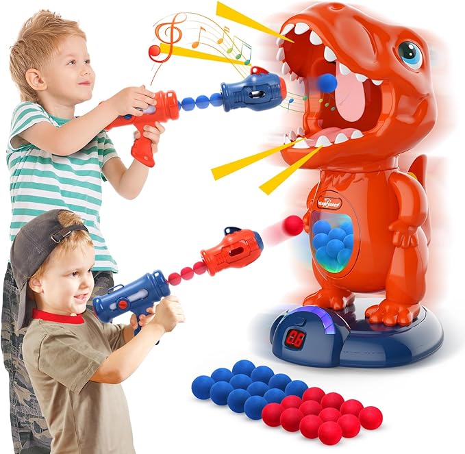 EagleStone Movable Dinosaur Shooting Toys for Kids Games with 2 Air Pump Gun, Party Toys with Score Record, LED & Sound, 48 Foam Balls Electronic Target Practice Gift for Boys and Girls