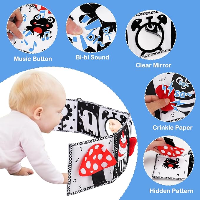 Black and White High Contrast Toys for Baby 0-3 3-6 months Infant Tummy Time Soft Book Sensory Musical Toy 0-2-4-6 month Babies Brain Development Crinkle Book Mirror Newborn Christmas Stocking Stuffer