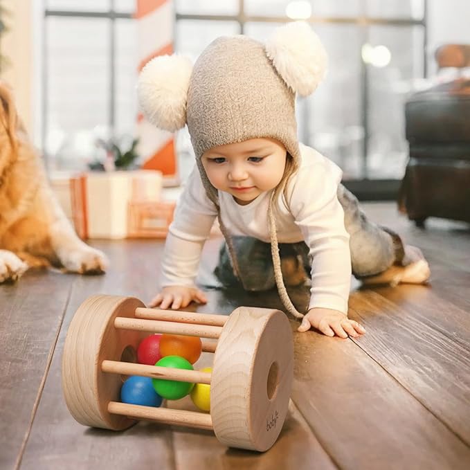 Dailyfunn Montessori Toys Wooden Infant Baby Rolling Rattle Toy for Babies 6-12-18-24 Months Newborn Shower Birthday Gift