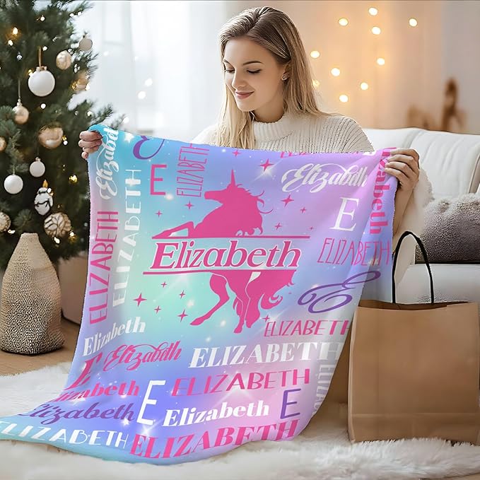 Unicorn Gifts, Personalized Girls Throw Blanket with Name for Kids 4-6, Custom Monogram Blankets for Daughter Niece Toddler, Unicorn Stuff Themed Throws for Cars Travel Camping Party Decor