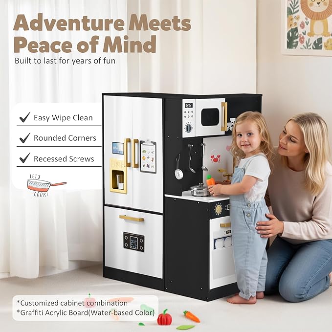 Play Kitchen Sets for Kids, Pretend Wooden Kids Kitchen Playset, Interactive Toy Kitchen with Freezer, Washing Machine, Ice Maker & Large Storage Space, for Boys Girls Ages 3+, Black