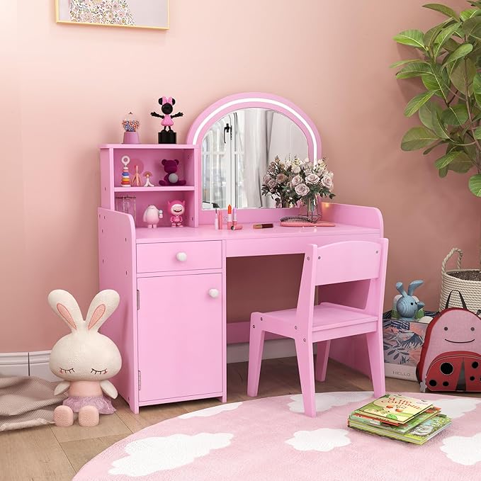 HONEY JOY Kids Vanity with Lights, Little Girls Vanity Set with Mirror and Stool and Lights, Wooden Princess Makeup Dressing Table, Storage Cabinet, Pretend Play Kids Vanity Table and Chair Set(Pink)