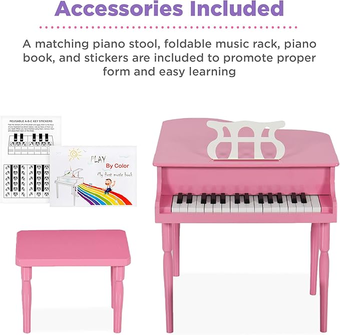 Best Choice Products Kids Classic Wooden 30-Key Mini Grand Piano Musical Instrument Toy w/ Piano Lid, Bench, Foldable Music Rack, Song Book, Note Stickers, Enamel Finish - Pink