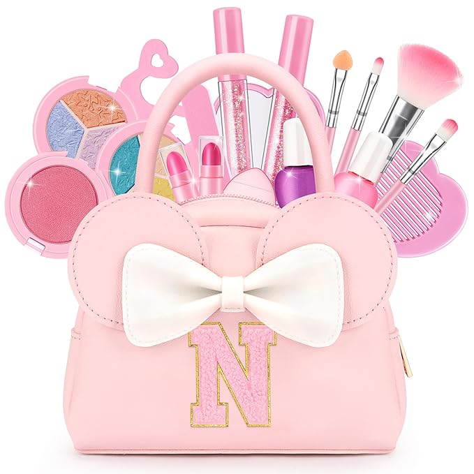 Kids Real Makeup Kit for Girls - 18Pcs Non-Toxic Washable Make Up Toys with Initial Toddler Purse - Personalized Birthday Gifts for Age 3 4 5 6 7 8 9 10 Years Old Girls Vanity Set - N