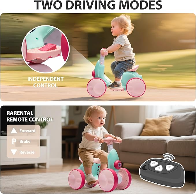 Electric Baby Balance Bike with Bubble Machine for 1 Year Old Boys Girls 4 in 1 Toddler Balance Bike 12-48 Month Kids Bubble Bike Ride Toys First Birthday Gift with Powered Motor,Music,LED Lights