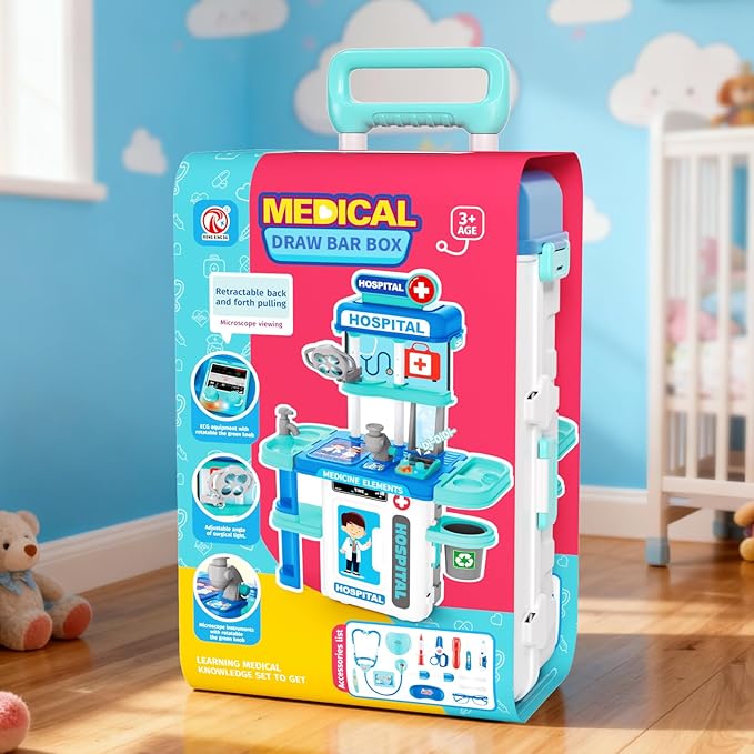 Doctor Kit for Kids Toddlers 3-8, 2 in 1 Kids Doctors Play Set with Costume, Stethoscope and Surgical Light, Pretend Medical Station Set for Boys Girls Birthday
