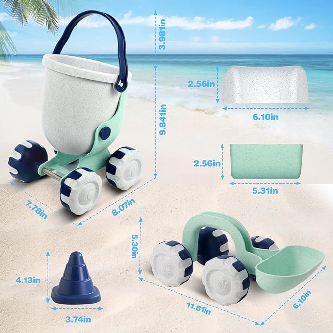 Asweets Beach Sand Toy Set Include Shovel, Bucket and Sandcastle Mold, Organic Green Plastic Travel Beach Sand Toys for KidsIdeal, Gift for Boys and Girls
