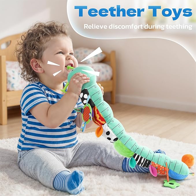 HEMRLY Baby Sensory Toy 0-6 Months, Musical Stuffed Caterpillar Plush with Teether, Crinkle, Rattle, Baby Mirror for Tummy Time, Infant Car Seat Toy for 0-3-6-12 Month Boys Girls Gifts - Leaf Blue