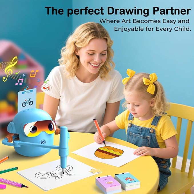Drawing Robot for Kids Montessori Painting Toys for 3 4 5 6 7 8 Year Old, Voice Interactive Educational Drawing Machine with 100 Cards,16 Colorful Pens & Music-Gift for Boys Girls