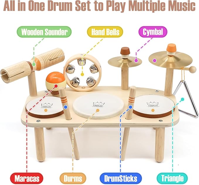 Kids Drum Set - Montessori Toys for 2 Year Old Boy Girl Birthday Gifts, 11 in 1 Wooden Musical Instruments for Toddlers 2-3, Musical Activity Table Preschool Learning Toys for Baby 18+ Months