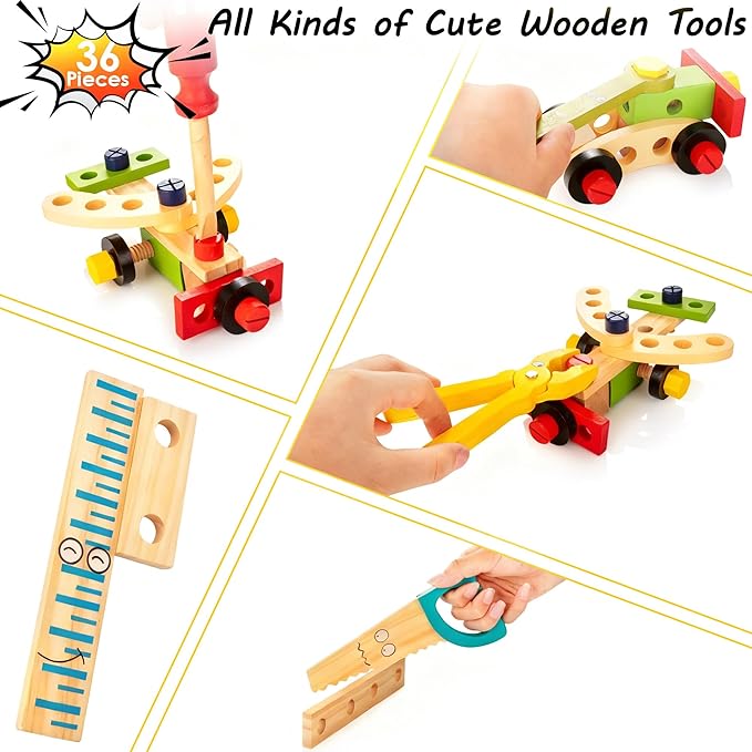 KIDWILL Tool Kit for Kids, 36-Piece Wooden Toddler Tools Set Includes Tool Box, Montessori Educational Stem Construction Toys for 2 3 4 5 6 Year Old Boys Girls, Best Birthday Gift for Kids