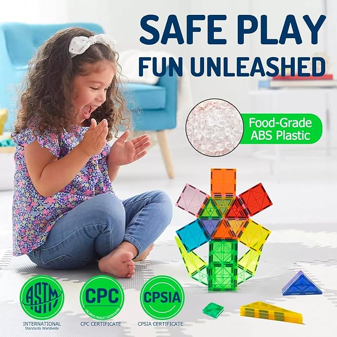 EchoPlan Magnetic Tiles, 130PCS Magnetic Blocks with 2 Cars, Magnet Tiles 3D Clear Building Blocks Set, STEM Sensory Educational Toys Gift for Toddlers Kids Boys 3 4 5 6 7 8 9+ Year Old