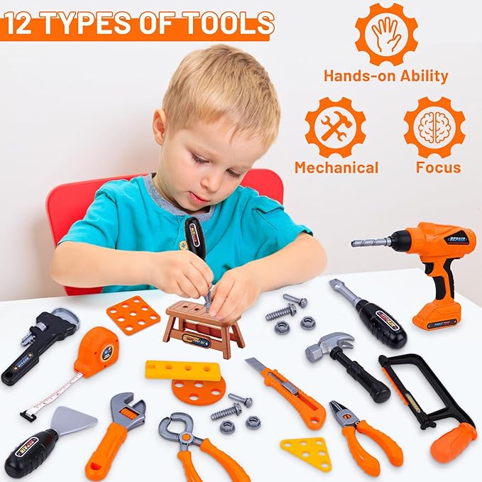 Kids Tool Set,MAGIC4U 50PCS Toddler Tool Set with Electronic Toy Drill,Tape Measure 12 Tool Equipements,Pretend Play Construction Coustume with Safety Vest Hat,Toy Tool Box for Kids Boy Girl Age 3-8