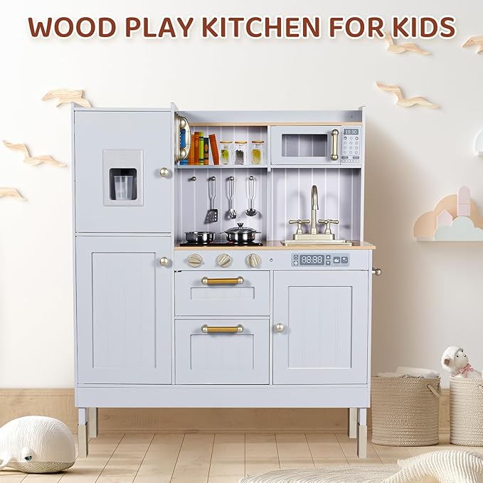Wooden Play Kitchen for Kids, Toddler Vintage Kitchen Toy Set w/Pretend Phone, Ice Maker, Towel Rack, Height Adjustable Realistic Playset Chef w/Light & Sound (Gray)