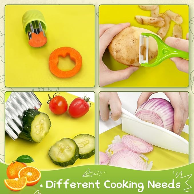 Chanking 17 Pieces Kids Safe Knife Set for Real Cooking Child-Friendly Plastic Chef Tools Montessori Kitchen Toys for Toddlers with Bright Colors Gifts for Boys and Girls