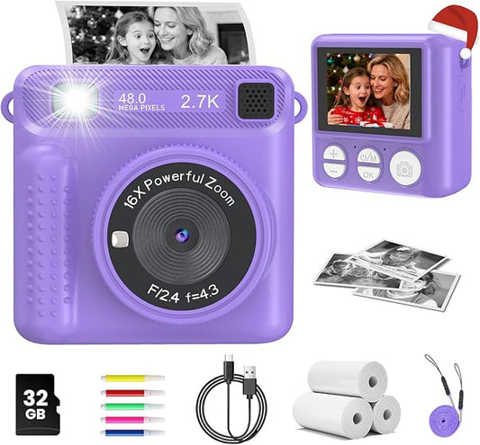 Kids Camera Instant Print, 1080P HD Digital Video Recorder with 32GB SD Card, Christmas Birthday Gifts for 3-12 Year Old Girls and Boys, Portable Toy for Toddlers and Kids (Purple Pro)